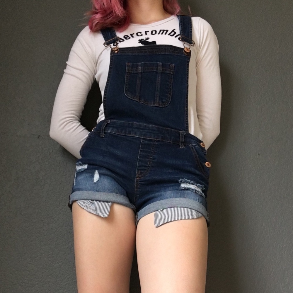 Forever 21 Blue Distressed Jean Short Overalls